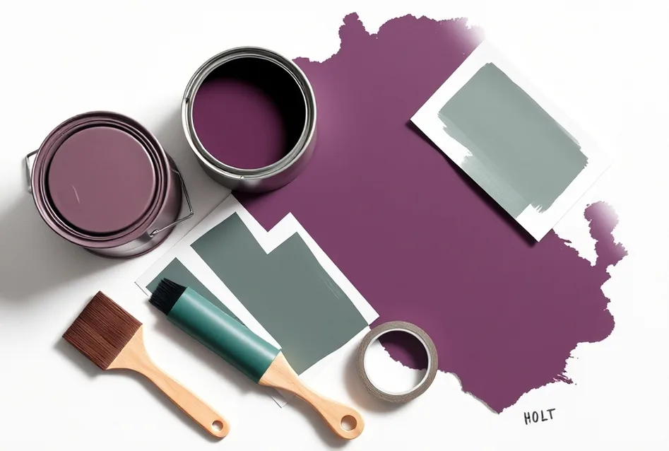 Pots de peinture, nuancier, brosses et rouleaux disposés à plat
