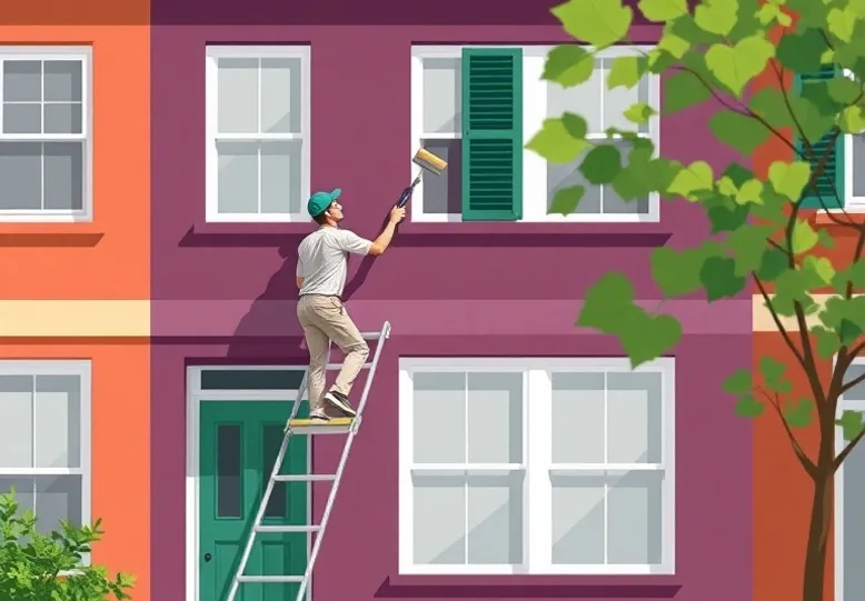 Peintre sur échafaudage traitant la façade d'une maison
