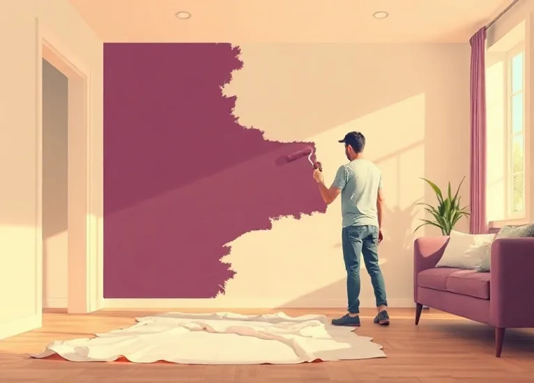 Peintre appliquant la peinture au rouleau sur un mur de salon